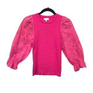 Oddy Sweater Women’s Size S Pink Puffy Balloon Sleeve Floral Eyelet‎ Knit Top.
